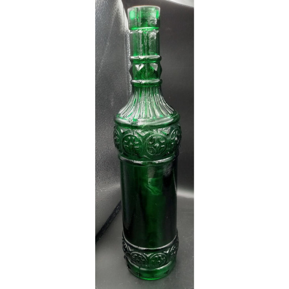 Very Pretty Emerald Green Glass Bottle With‎ Designs Around Sides 12" tall - Picture 2 of 5